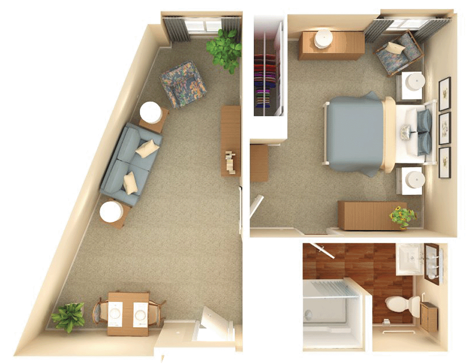 Overhead render of The Spruce floor plan