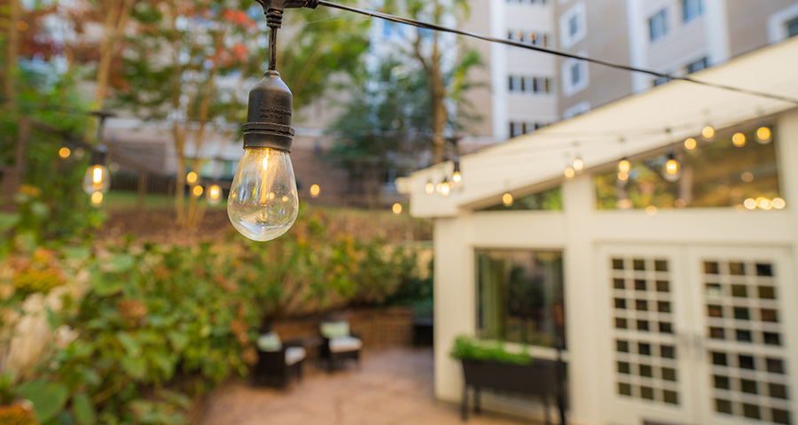 outdoor string lights over the courtyard